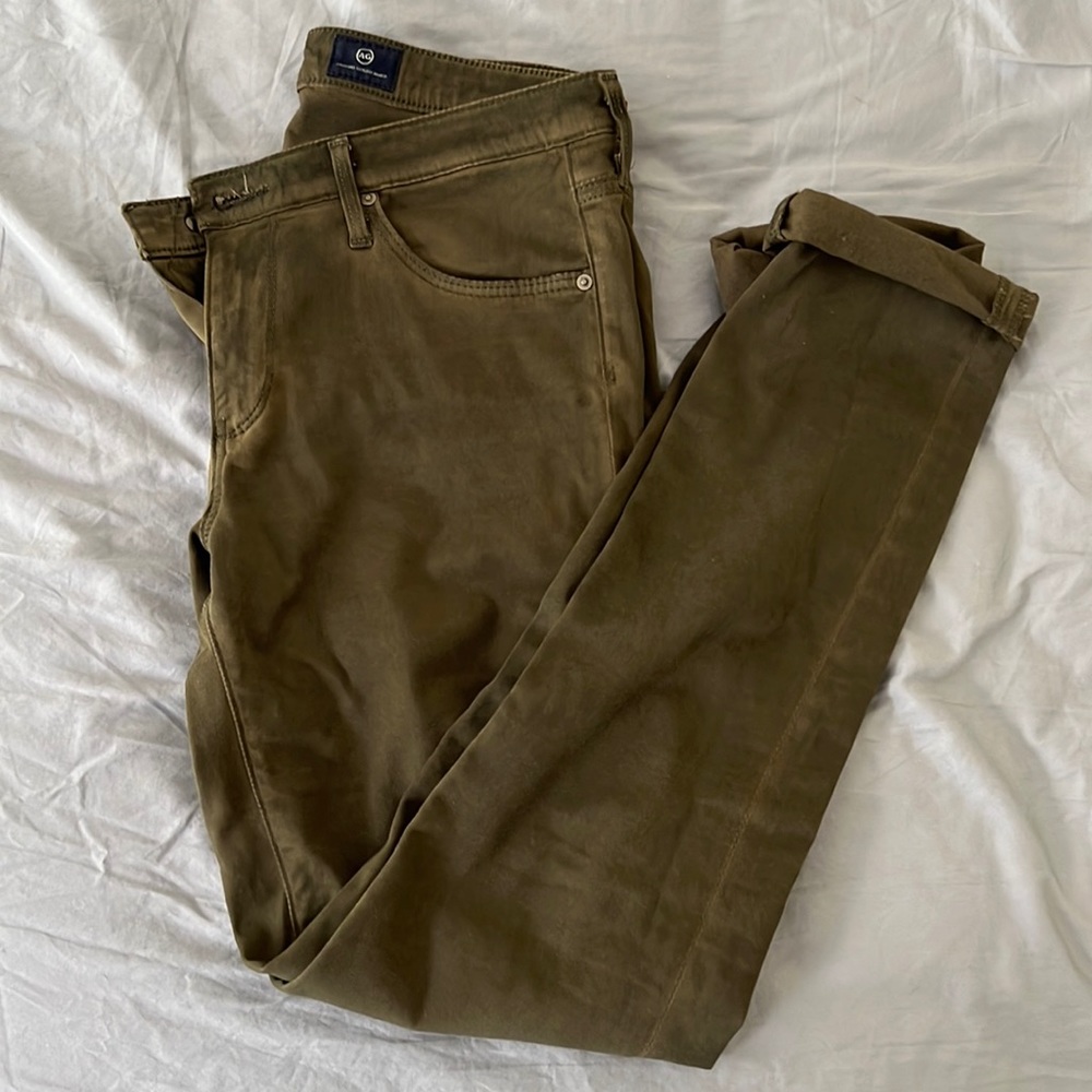 AG olive green cigarette leg slit jeans